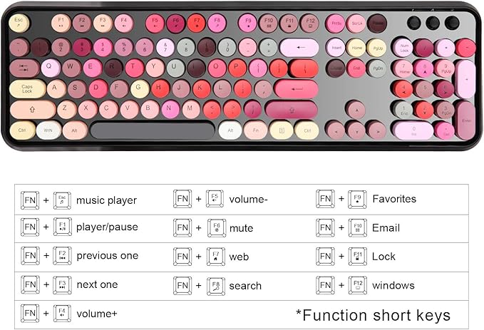 Retro Wireless Keyboard and Mouse Set2.4Ghz Colorful Lipstick Style Typewriter Keyboard with Cute Round KeysFull Size Mixed Color Aesthetic Keyboard&amp3 DPI Mouse for PC Laptop Desktop Computer-Bl