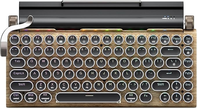 7KEYS Typewriter Keyboard Wireless Retro Style Vintage Classical Mechanical Keyboard with Bluetooth for IPAD PC/Laptop Mac/Phone (Wood+Wrist)