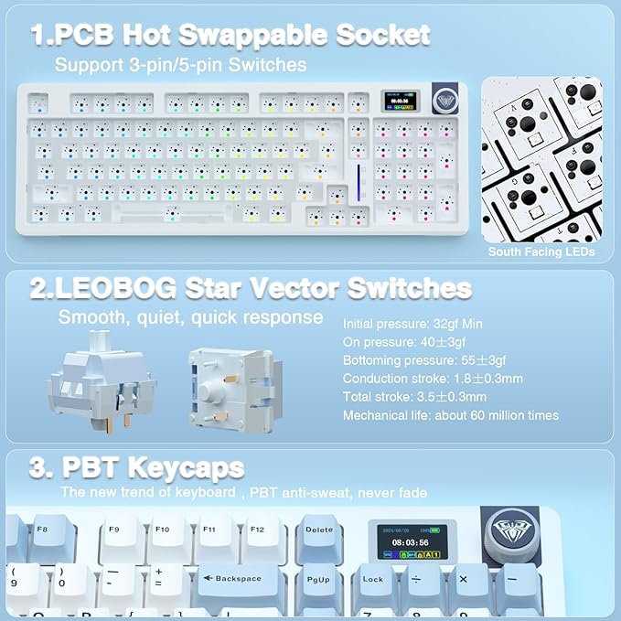 AULA S98 Pro Wireless Mechanical KeyboardSmart Screen &amp KnobTri-Mode BT5.0/USB-C/2.4GHz Creamy KeyboardPre-lubed Linear SwitchesHot Swappable RGB Backlit Computer Gaming Keyboards