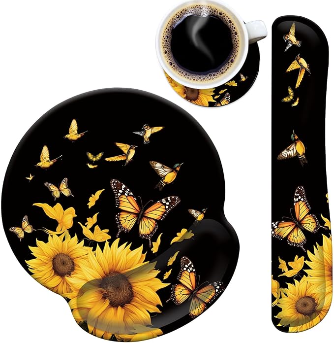 Mouse Pad Wrist Support and Keyboard Wrist Rest Pad with CoasterNon-Slip Rubber Base Ergonomic Gaming Mousepad for Home Office Working Studying Easy Typing &amp Pain ReliefBirds Sunflower Butterfly
