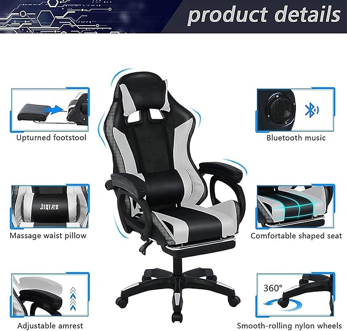 Massaging Gaming Chair with Footrest and Lumbar Support Gaming Chair with RGB Lights and Speakers Ergonomic Office Chair Adjustable Linkage Armrests. Gaming Chair for Adults.Black
