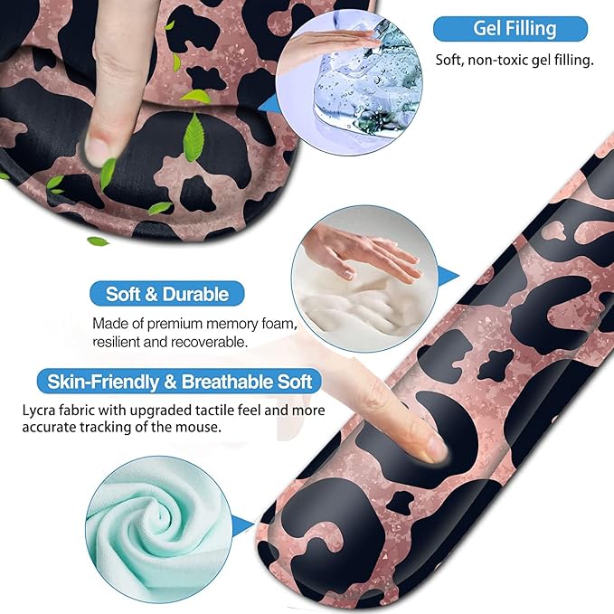 Ergonomic Mouse Pad Gel Wrist Support and Memory Foam Keyboard Wrist Rest Set for Gaming Computer Office Laptop Easy Typing Wireless Mouse Mat Black Leopard Rose Pink Pattern Office Desk Pad