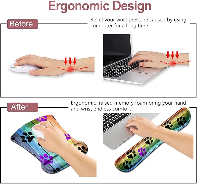 Mouse Pad with Wrist Support Memory Foam Keyboard Wrist Rest Rustic Rainbow Woodgrain Black and Purple Dog Paw Personality Desings Gaming Mousepad Office Easy Typing Games to Relieve Fatigue Non-Slip