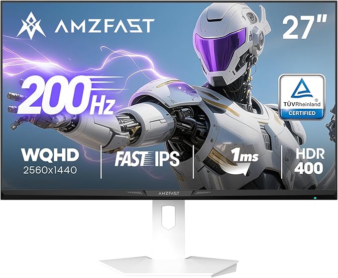 Amzfast 27 inch 1440P 200Hz/180Hz White Gaming Monitor 2K QHD (2560 ×1440)MPRT 1ms Fast IPS | HDR400 &amp TÜV Rheinland Eye Care &amp 12 Months Exchange (HDMI &amp DP Cable)