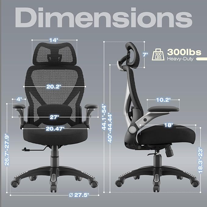 ELABEST X100 Ergonomic Mesh Office Chair Big and Tall Hone Desk Chair with 5D Flip-Up Arms Adjustable 3D Lumbar SupportGaming &amp Executive Computer Chairs for Long Hours Padded Seat