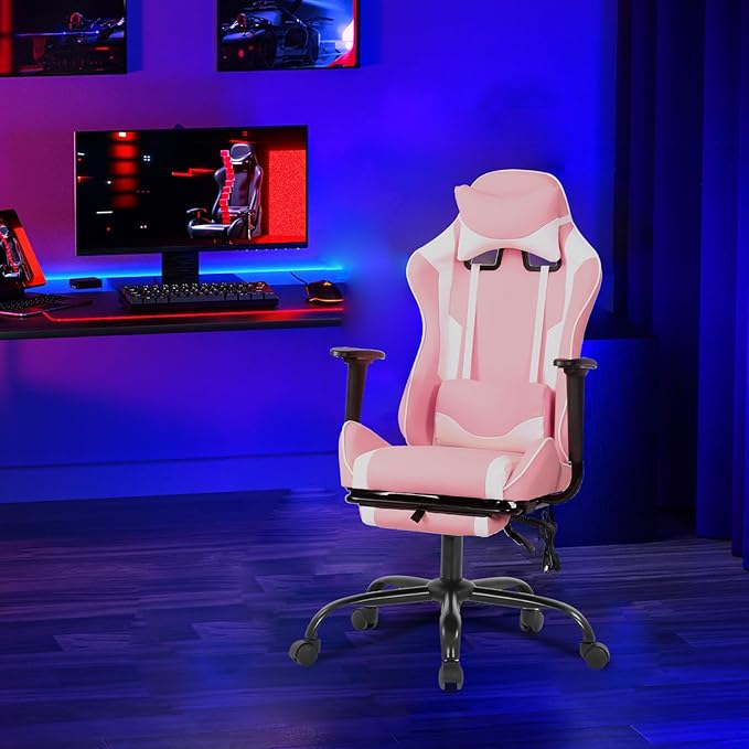 PayLessHere Racing Gaming Chair Office Massage Chair Ergonomic Recliner with Computer Desk PU Leather Lumbar Support Footrest Rolling Swivel and Task Function Ultimate Comfort for Adults (Pink)
