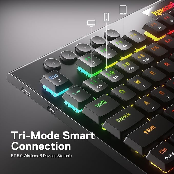 Redragon K618 PRO 3-Mode Wireless RGB Mechanical Keyboard BT/2.4Ghz/Wired Low Profile Win/Mac Gaming Keyboard w/Ultra-Thin Design Dedicated Media Control &amp Tactile Blue Switch