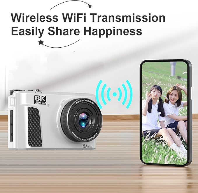 Zopsc 8K Digital Camera 88MP with WiFi 18X Zoom and 3in Flip Screen Autofocus Vlogging Camera with LED Fill Light Live Streaming Webcam for Travel (White)