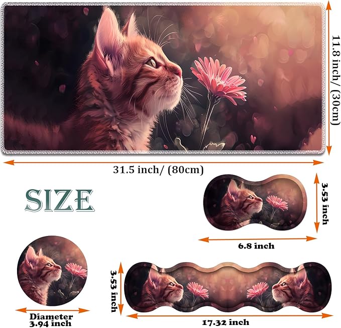 Large Gaming Mouse Pad + Keyboard Wrist Rest + Wrist Support + Coaster Set Memory Foam Ergonomic for Easy Typing XXL Extended Gaming Mouse Pad Table Pad - Kitten Daisy