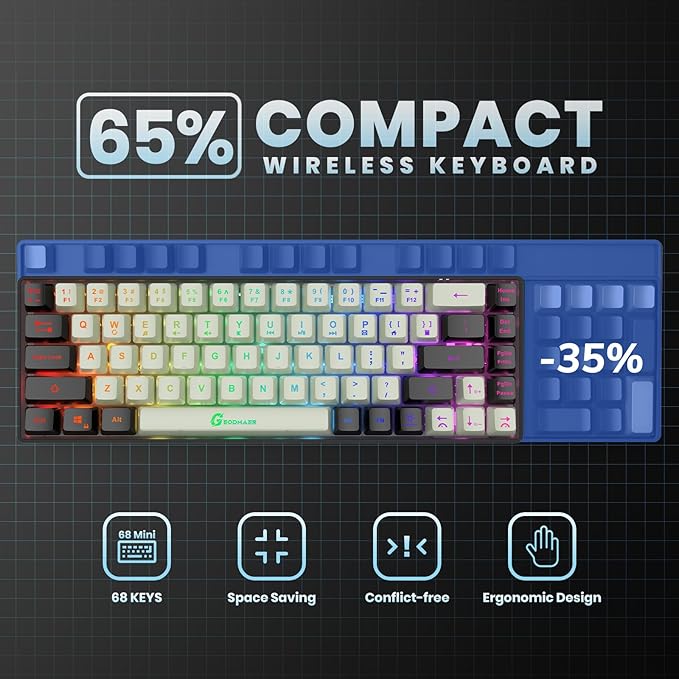 65% Wireless Gaming Keyboard: LED Backlit 68 Keys Ultra-Compact Anti-ghosting No-Conflict Wireless Keyboard for PC Laptop Windows Gamer(White-Black)