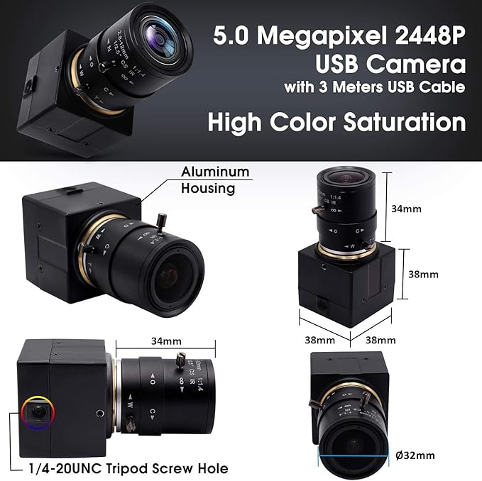 5mp USB Camera with Zoom 2.8-12mm Lens Webcam Variable Focus PC Camera Mini UVC USB2.0 USB with Camera for Computer Manual Zoom Close-up Camera Industrial Varifocal Web Camera for Raspberry Pi Laptop