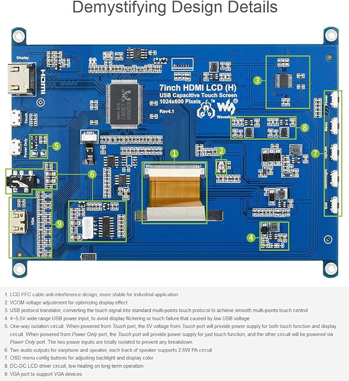 7inch Capacitive Touch Screen LCD for Raspberry Pi 5 4 3/Jetson Nano/PC Windows/Game Console 1024×600 Resolution HDMI IPS for Windows 11/10 / 8.1/8 / 7 (7inch HDMI LCD (H))