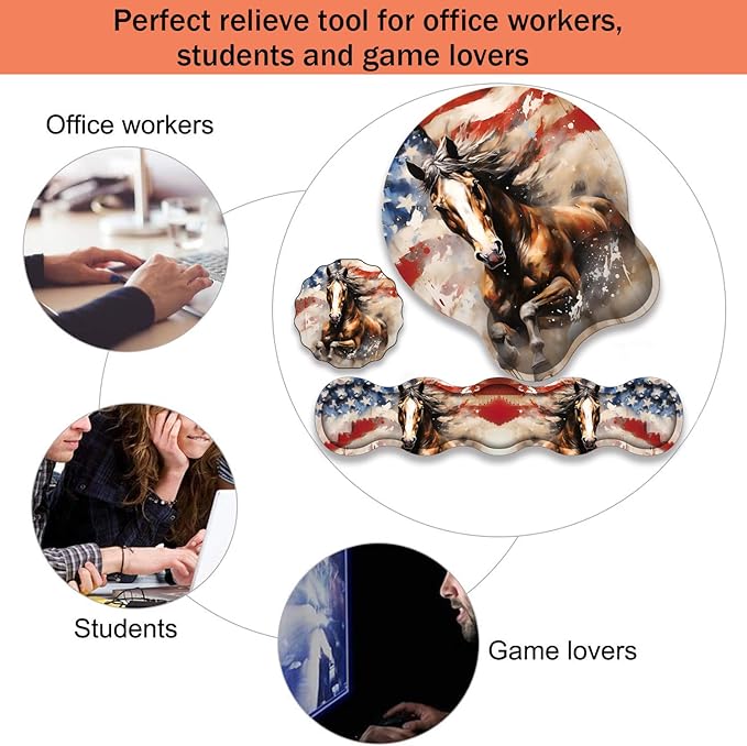Ergonomic Keyboard Wrist Support Pad and Wrist Support Mouse Pad Anti-Slip with Gel Memory Mouse Pad Set Suitable for Office Use/Home Use - American Flag and Horse