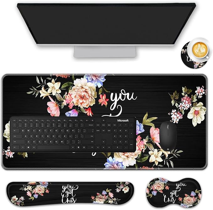 Mouse Pad Set(31.5×11.8 in) Desk Pad + Keyboard Wrist Rest Support + Mouse Wrist Rest + Coaster for OfficeHomeComputerLaptop - 4 Motiavation Quote You Got This