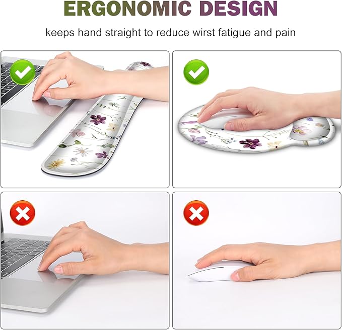 Gaming Mouse Pad Large Desk Mat Cute Desk Pad Protector 4in1 XXL Mousepad + Keyboard Wrist Rest+Mouse Wrist Rest+Coaster Set with Ergonomic Desk Pad for Home Office Computer Purple Flower Plants