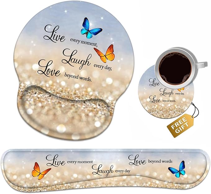 Keyboard Wrist Rest + Mouse Pad Wrist Support Set with Coasters Non-Slip PU Base Ergonomic Mousepad for Home Office Working Studying Easy Typing &amp Pain Relief Glitter Quote Live Laugh Love