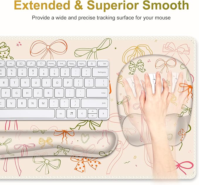 Apricot Mouse Pad with Wrist Support 4 in1 Set XXL Big Game Mousepad + Keyboard Wrist Rest + Mouse Wrist Rest Pad +Coaster Gaming Mat for Home Office Work Computer I Colorful Cute Girl's Bow