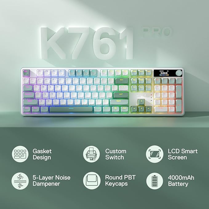 Redragon K761 Wireless Gasket Gaming Keyboard w/Hype Screen &amp Knob 104 Keys Mechanical Keyboard Easy-Control 1.26’’ TFT Info Display 5-Layer Noise Dampening Custom Linear Switch Jade Cloud Co