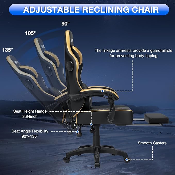 HOFFREE Gaming Chair Computer Chair with Speakers Massage Game Chairs with Footrest Bluetooth High Back Ergonomic Computer Gaming Chairs for Adults Reclining Video Gamer Chair Gold and Black
