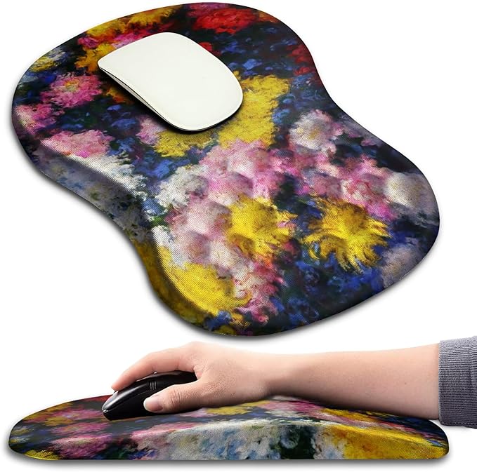 Hokafenle Ergonomic Mouse Pad Wrist Support with Massage Design Wrist Rest Pain Relief Mousepad with Memory Foam&ampNon-Slip PU Base Mouse Pads for Wireless Mouse &amp Desk(12x8 inchMonet Chrysan