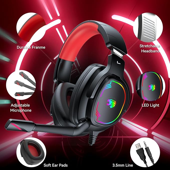 Gaming Headset for PC/PS4/PS5/Xbox One/Switch Stereo Surround Sound Gaming Headphones with Noise Canceling Flexible Mic Computer Headset with 3.5mm Jack &amp RGB Light(Red)