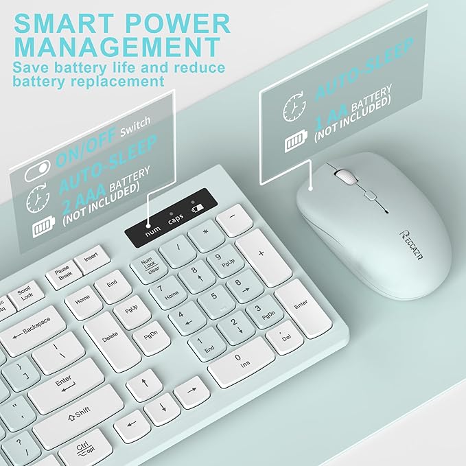Wireless Keyboard and Mouse Combo Full-Sized Wireless Keyboard and Adjustable DPI Mouse 2.4GHz USB Receiver Keyboard and Mouse for PC Windows Desktop Laptop (Mint Green and White)