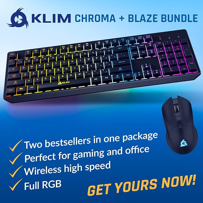 KLIM Chroma Wireless Keyboard and Mouse – RGB Backlit Gaming Combo Rechargeable Wireless Keyboard &amp RGB Mouse Durable &amp Ergonomic Dual USB Receivers Compatible with PC Mac PS4 PS5