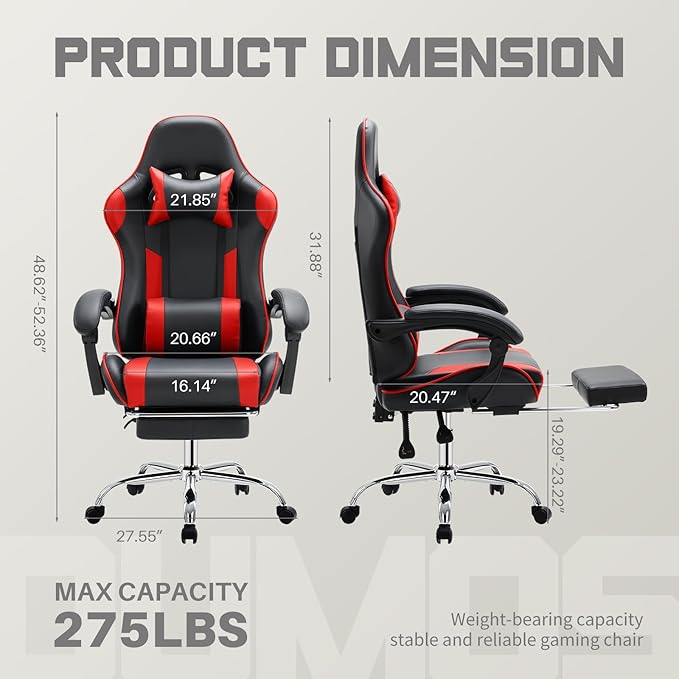 DUMOS Ergonomic Gaming Office Desk Chair with Footrest and Headrest for Adults PU Leather Video Computer Chair with Linkage Armrests Height Adjustable 360° Swivel Recling Chair Black Red