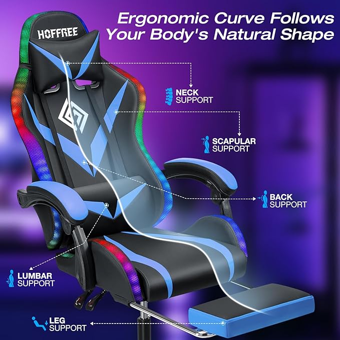HOFFREE Gaming Chair with LED RGB Lights Massage Video Gamer Chairs with Footrest Ergonomic High Back Reclining Computer Chair with Adjustable Lumbar Support Blue and Black