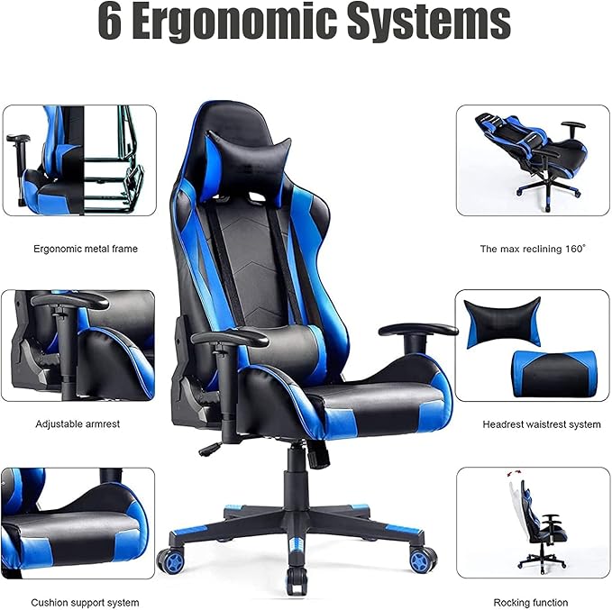 WANYE Gaming Chair Full 360 Degrees Rotatable Ergonomic Chair with Removable Cushions Height Adjustable Multiple Colour Blue