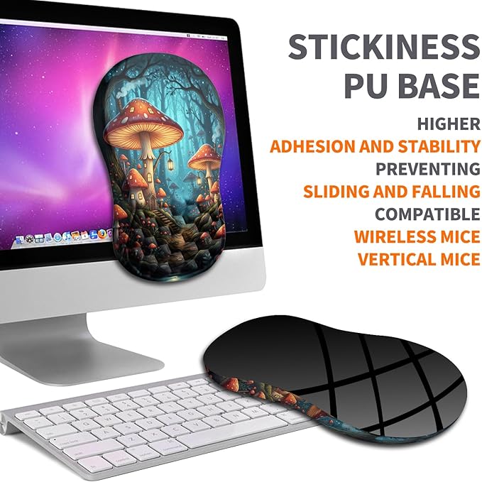 Ergonomic Joint Wrist Support Mouse Pad with Memory Foam Cushion Massage Bump Carpal Tunnel Pain Relief Mousepad Slope Design for Wrist Rest 11.8x7.9 in Mushroom