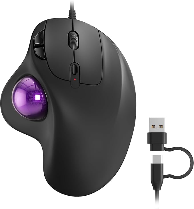 Nulea M509 Trackball Mouse Wired Ergonomic Design Easy Thumb Control Precise &amp Smooth Tracking 2-in-1 Interface (Type A &ampType C) Compatible for PC Laptop Mac Window(Purple).