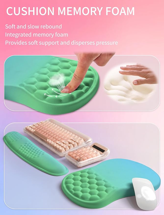 Hokafenle 2in1 Combination Wave Keyboard Wrist Rest and Ergonomic Curvature Mouse Pad Wrist Support for Relieve Wrist Pain Filled with Soft Cushion Memory Foam Gradient Green