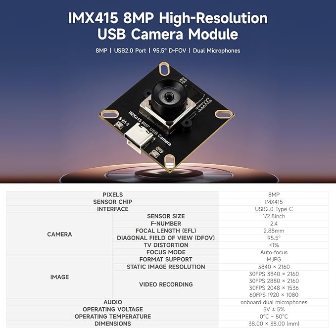 IMX415 8MP High-Resolution USB Camera Module IMX415 Sensor Chip USB2.0 Port onboard Dual Microphones Distortion-Free @XYGStudy (IMX415 8MP USB Camera (A))