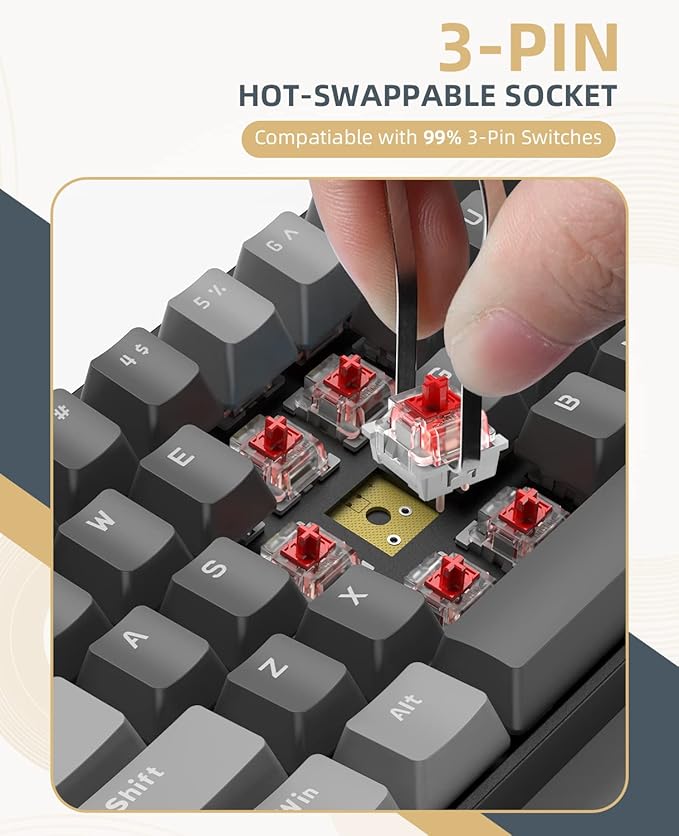 ZIYOU LANG RK68 60% Wireless Mechanical Keyboard Bluetooth 5.0/2.4Ghz Dual Mode 2-in-1 USB-C Receiver Mini Mechanical Keyboard Hot Swappable Red Switch Gaming Keyboard for PC/MAC/Laptops