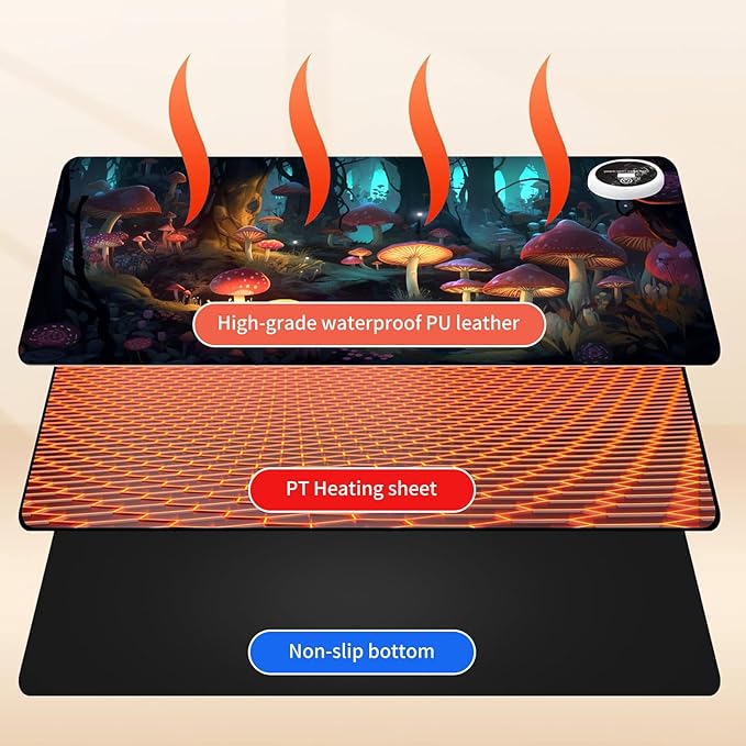 Warm Desk PadHeated Desk Pad Mouse Mat Gamingwith 3 Heating Levels &amp 3 Hours Auto Shut-OffLeather 31.5 x 13 Foot Warmer Keyboard Office MatMushrooms Forest