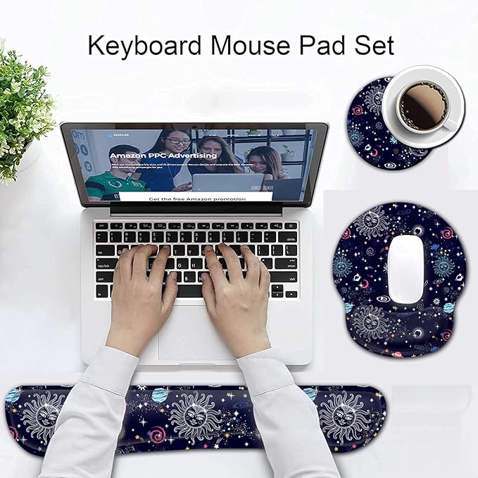 Ergonomic Mouse Pad Gel Wrist Support and Memory Foam Keyboard Wrist Rest Set for Gaming Computer Office Laptop Easy Typing Wireless Mouse MatGalaxy Constellation Sun Moon Cosmic Office Desk Pad