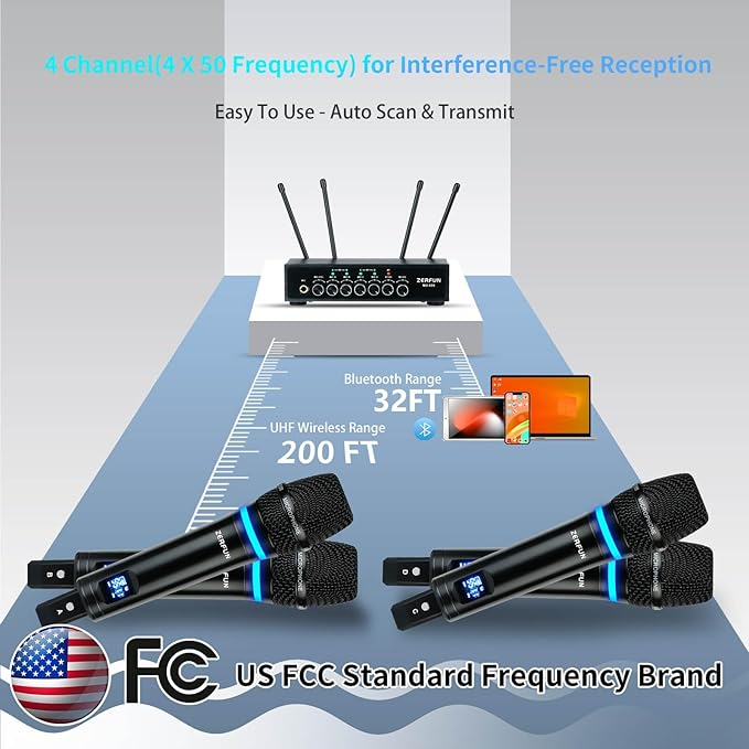 Rechargeable Wireless Microphone System 4 Channel Pro UHF Metal Handheld Wireless Mics Cordless for Church Karaoke Singing with Bluetooth Echo Volume Control 4x50 Frequency(MU-898)