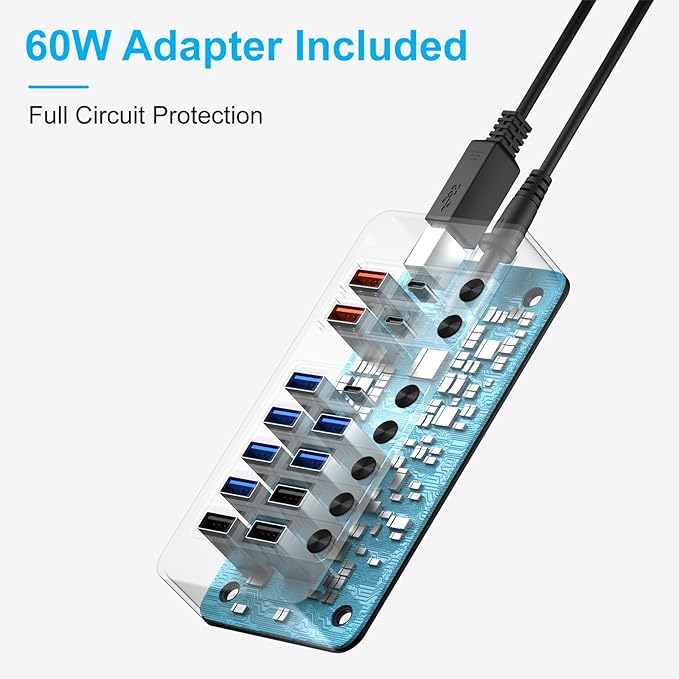 14-in-1 Powered USB Hub with 60W PD Charging 6 USB 3.0 Ports 4 Fast-Charging Ports 1 USB-C 3.0 Data Port &amp LED Switches for Laptop Phone Tablet