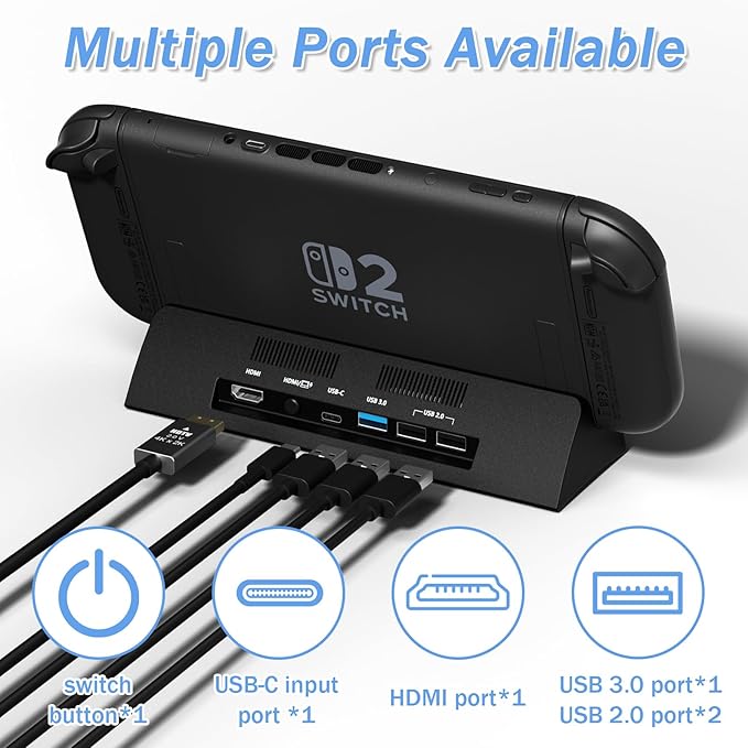 Switch 2 Camera TV Dock Station for Switch 24K@120Hz TV Dock Station 360° Adjustable Webcam with Privacy Cover Multi-Port Docking Station Replacement for Official Switch 2 Dock