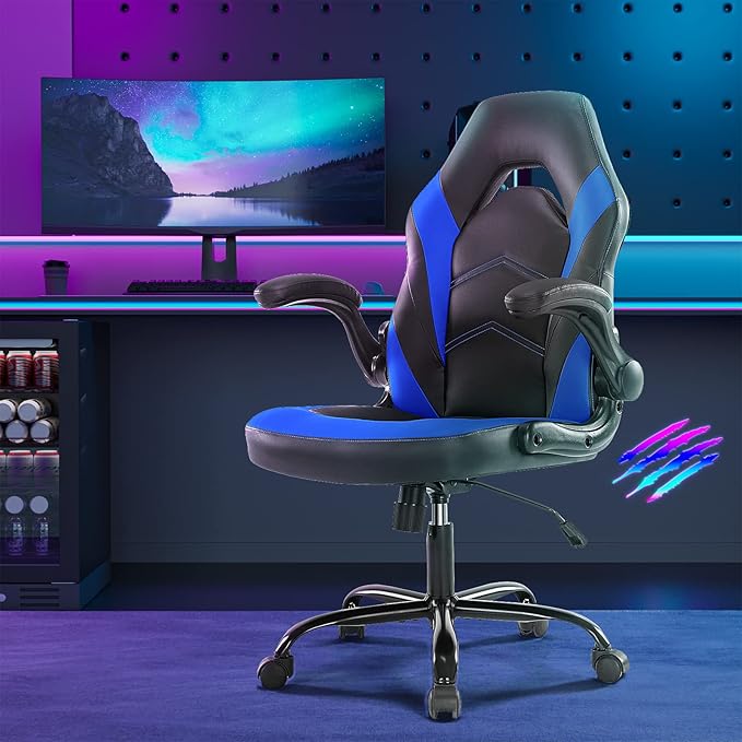 Yapamar Gaming ChairPU Leather Ergonomic Office Chair Swivel Computer Gaming Chair with Lumbar Support - Blue