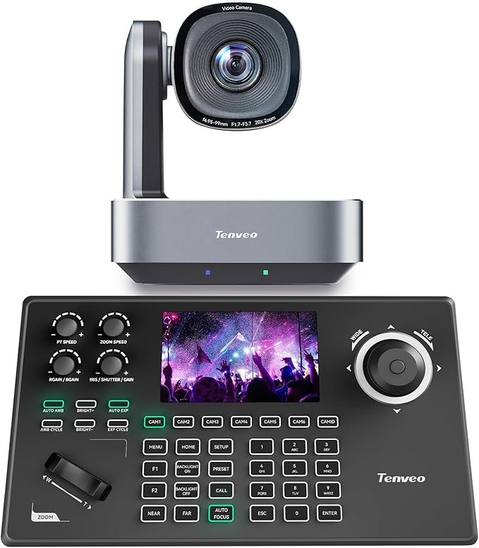 Tenveo 4K PTZ Camera and Controller Bundle/Kits - 20X AI Tracking HDMI/USB/LAN(PoE) 4K PTZ Camera with NDI PTZ Controller 5-Inch LCD 4D Joystick for Church Live Streaming Conference