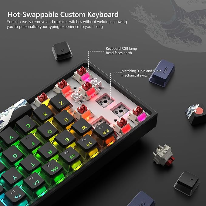 Womier 60% Percent Keyboard Gaming WK61 V2 Creamy Mechanical Wired Keyboard Anime Hot-Swappable RGB Key Board with PBT Keycaps for Windows PC Gamers - POM Linear Red Switch(Black Kanagawa)