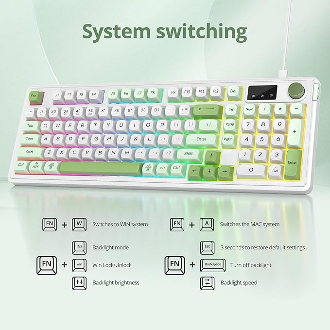 Owpkeenthy 96% Wireless Green Keyboard with Knob 98 Keys Silent Gasket Mouted Mechanical Feeling Membrane Gaming Keyboard 3-Mode Wired/Bluetooth 5.0/2.4G for Win/Mac(98 Green)