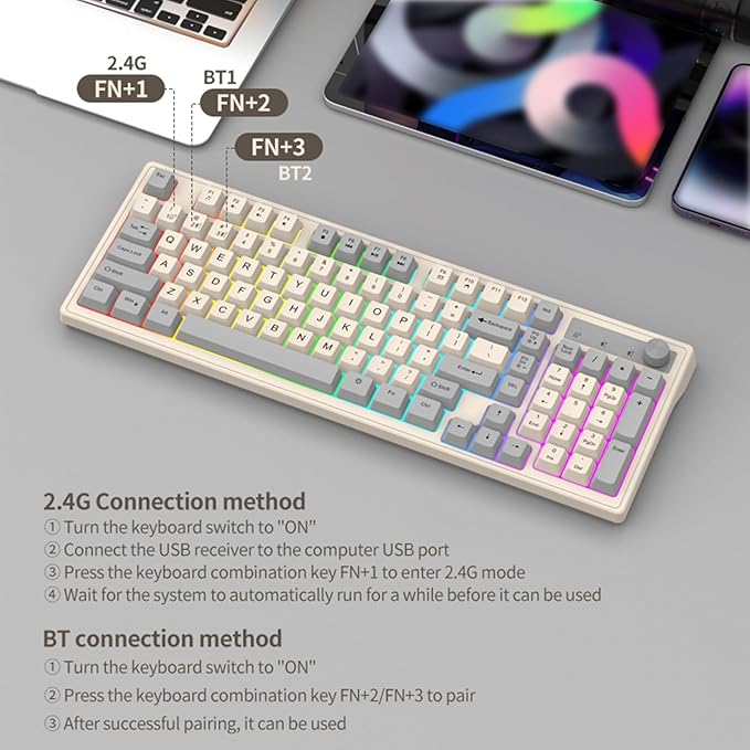Docooler Gaming Keyboard Dual-Mode BT/2..4GHz Mechanical Keyboard with Backlit Rechargeable Keyboard 98 Keys Wireless Keyboard with Volume Control Knob for Computer Laptop PC - Gray/Blue/Shimmer