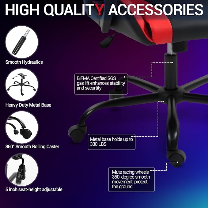 Gaming Chair PU Leather Massage PC Video Game Chair with Lumbar Support for Men Women Home Office Height Adjustable Ergonomic High Back Red