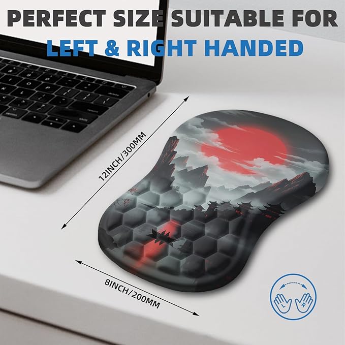 Ergonomic Mouse Pad Wrist Rest Carpal Tunnel Pain Relief Wrist Support Mousepad with Massage Bulge Memory Foam (Red Moon 11.8x7.9 in)