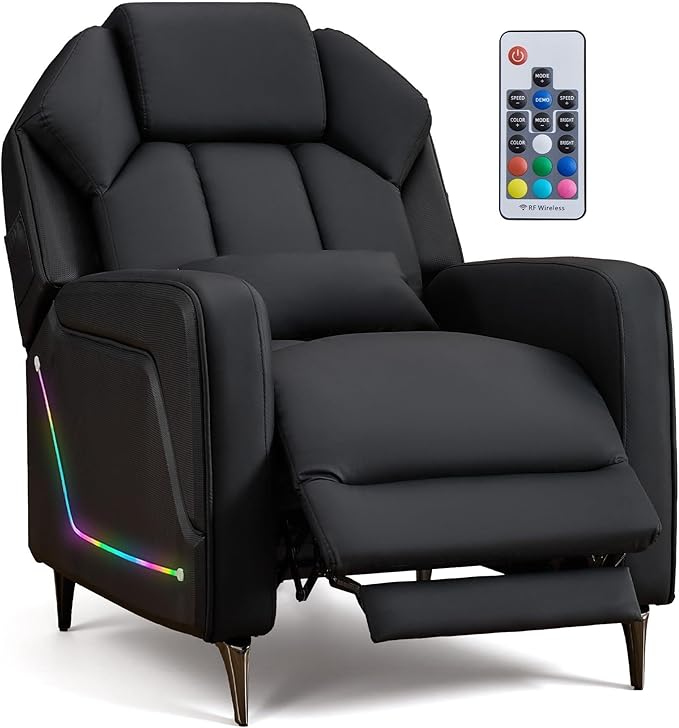 SAMERY Gaming Recliner Chair Push-Back Reclining Gaming Chair with Extended Footrest LED Light Pockets Lumbar Pillow Modern Ergonomic Recliner Sofa for Game Room Living Room (Black Recliner)