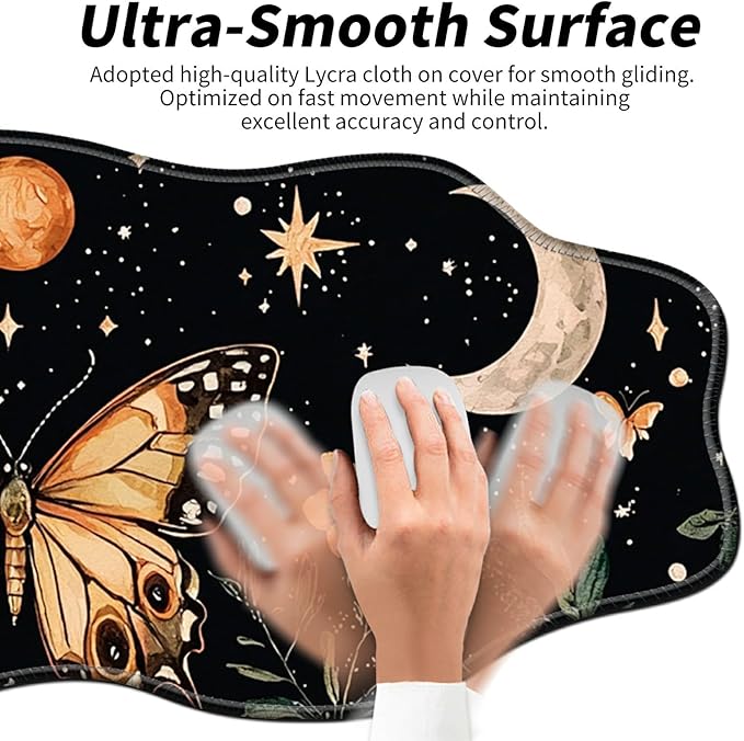 Stars Moons and Butterfly Desk Mat Mouse Pad 35.4X15.7 XL Extended Mousepad Huge Mouse Pads with Stitched Edges Desk Pad for Work Game Office Home