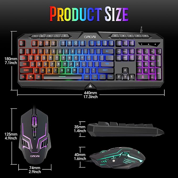 Wired Gaming Keyboard and Mouse Combo with LED Backlit10 Dedicated Multimedia Keys 19 Anti-ghosting Keys Light Up Computer Keyboard Programmable 7200 DPI RGB Mice with Software for PC Xbox PS5 PS4